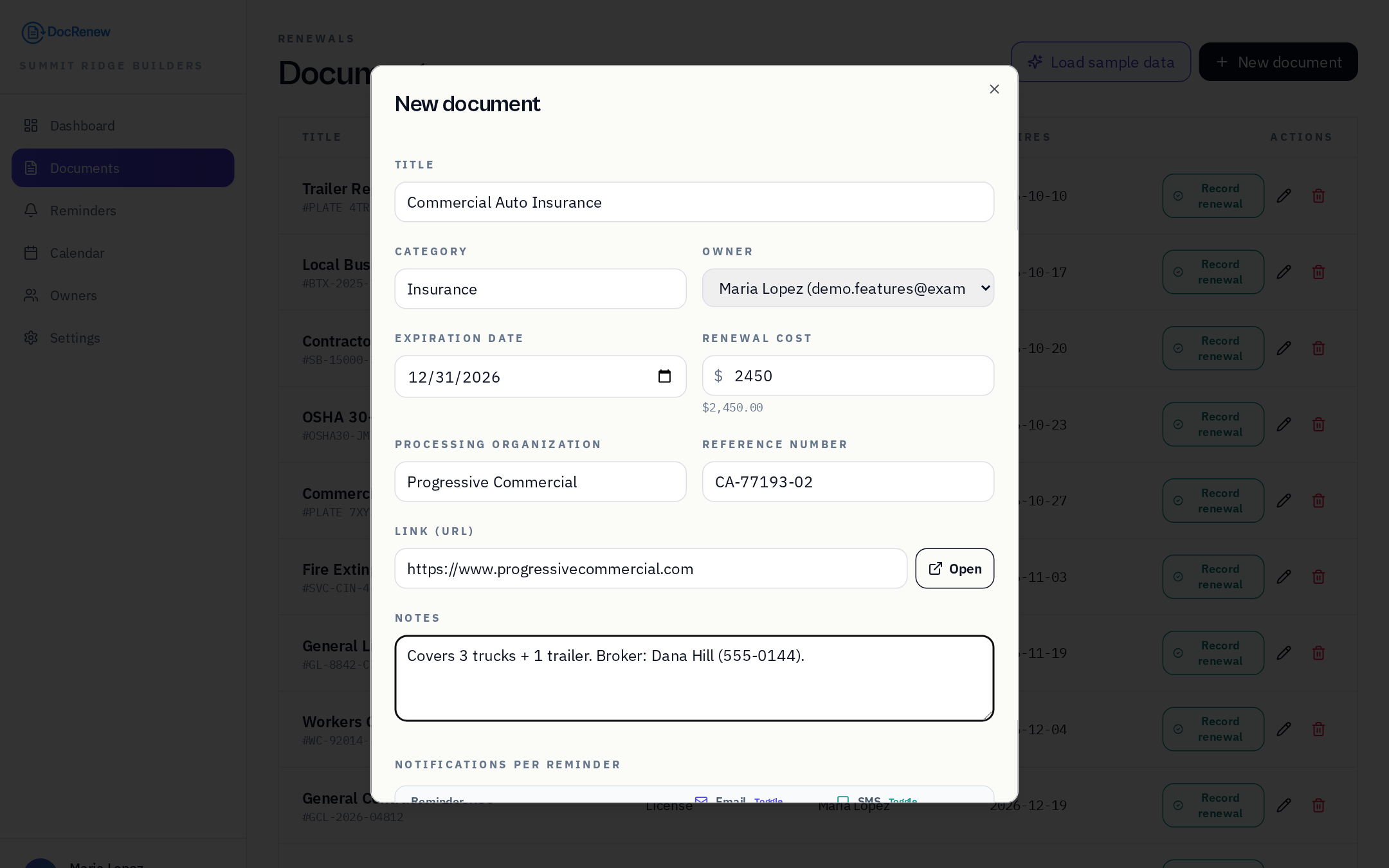 DocRenew new document form with title, category, owner, expiration date, renewal cost and notes
