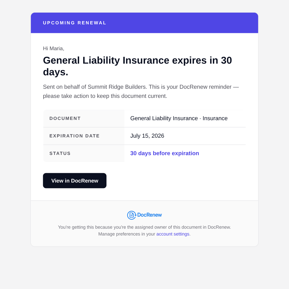 DocRenew reminder email: General Liability Insurance expires in 30 days