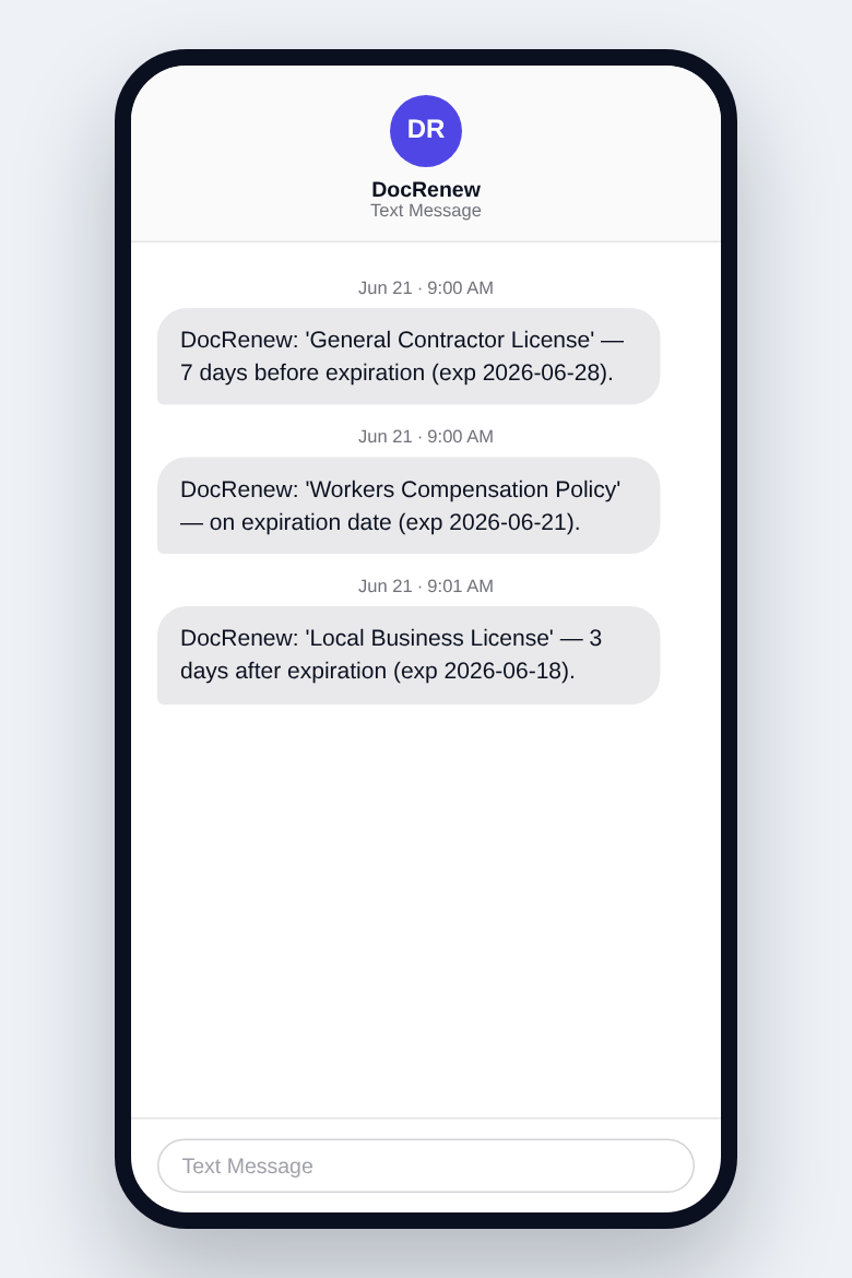 Phone showing DocRenew SMS reminders for expiring documents